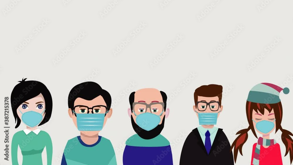 Animated cartoon design of People wearing face mask, surgical mask to prevent disease, flu, gas mask on background with virus or Coronavirus. Animated cartoon design of People wearing face mask, surgical mask to prevent disease, flu, gas mask on background with virus or Coronavirus.