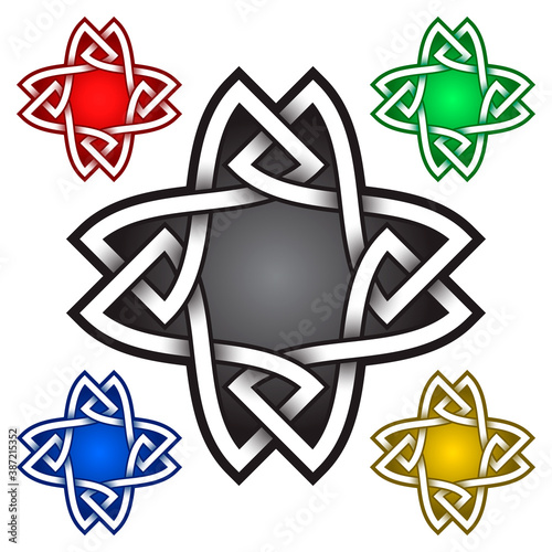 Cruciform logo symbol in Celtic style. Tribal tattoo symbol. Silver stamp for jewelry design and samples of red, green, blue and golden colors.