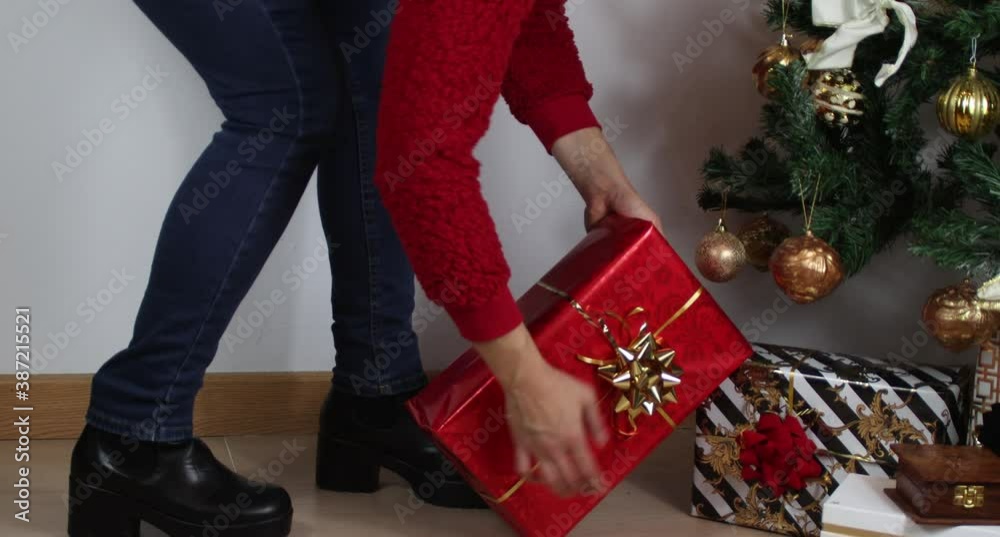 Mujer dejando regalo debajo de un árbol de navidad