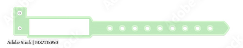 Vector plastic green empty template of bracelet or wristband for a hospital, medical center, party event festival. L shape bracelet with safety lock and place for text or logo isolated on white.