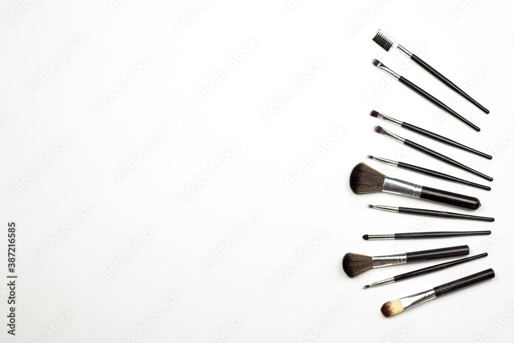 Fototapeta Make-up products set and tools. Set of different size makeup brushes on white background