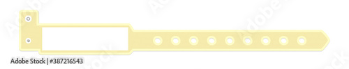 Vector plastic yellow empty template of bracelet or wristband for a hospital, medical center, party event festival. L shape bracelet with safety lock and place for text or logo isolated on white.