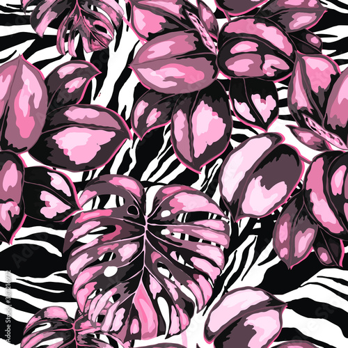 Tropical seamless pattern on animalistic texture. Jungle exotic summer print. Summer tropical leaf. Tropical flower fashion pattern. Floral tropic illustration. Vector seamless pattern.	