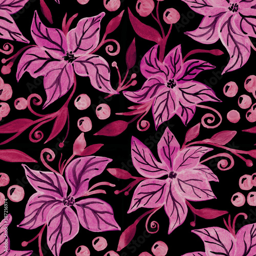 Winter seamless pattern. Poinsettia flowers, berries, leaves, curls on a black background.Gouache-drawn illustration. Design for fabric, textile, packaging, wallpaper. 