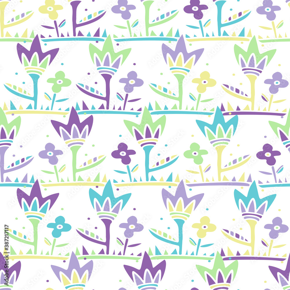Seamless colourful vector pattern with decorative patch work ornament field spring wildflowers