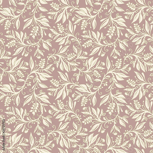Floral seamless pattern with leaves and berries in cream, taupe and green colors, hand-drawn and digitized. Design for wallpaper, textile, fabric, wrapping, background.
