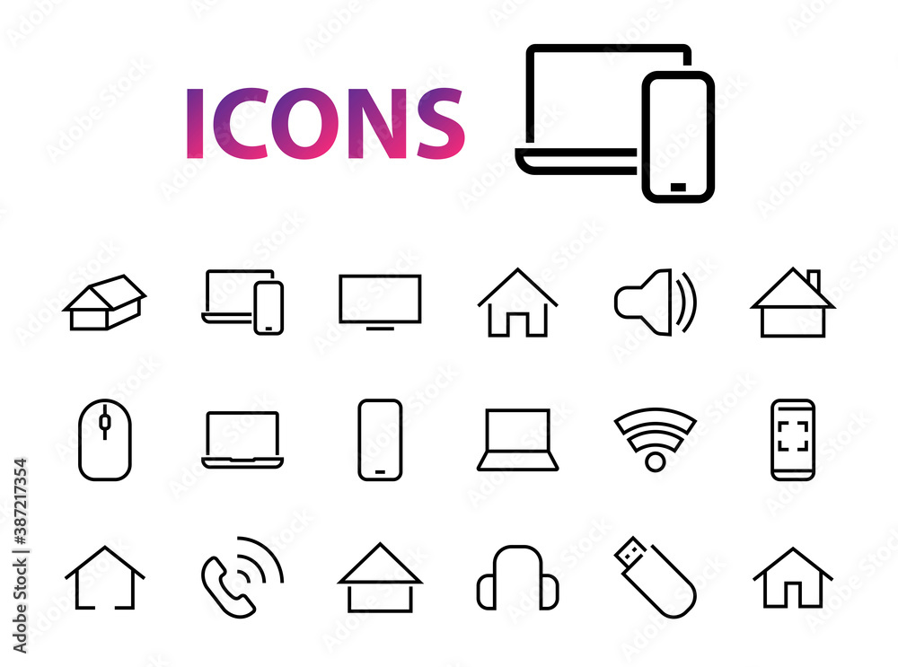 A set of smart devices and gadgets, computer hardware and electronics. Electronic devices icons for web and mobile vector lines. computer, telephone. Editable stroke. 48x48 pixels A set of smart devices and gadgets, computer hardware and electronics. Electronic devices icons for web and mobile vector lines. computer, telephone. Editable stroke. 48x48 pixels