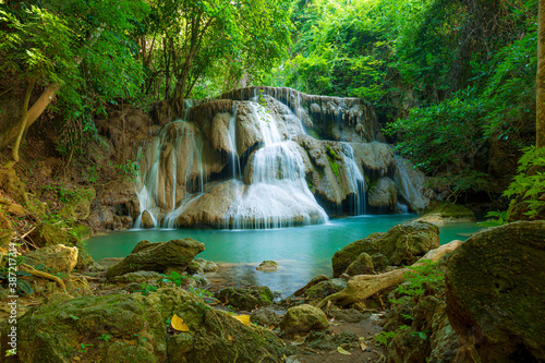 Fototapeta Naklejka Na Ścianę i Meble -  Huay Mae Khamin Waterfall. Nature landscape of Kanchanaburi district in natural area. it is located in Thailand for travel trip on holiday and vacation background, tourist attraction.
