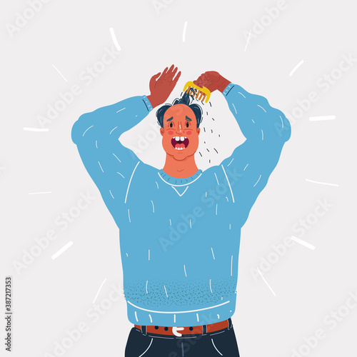 Vector illustration of man very stressed wih him loosing hair on white background.