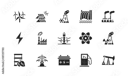 Power plant flat glyph icons set. Energy generation station. Vector illustration alternative renewable energy sources included solar, wind, hydro, tidal, geothermal and biomass energy. Black