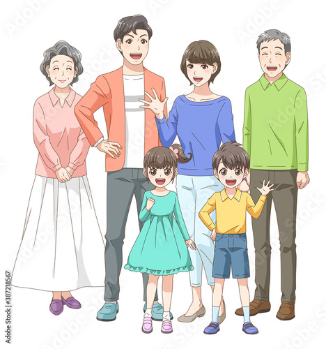 笑顔で立ちポーズをとる家族＿三世代