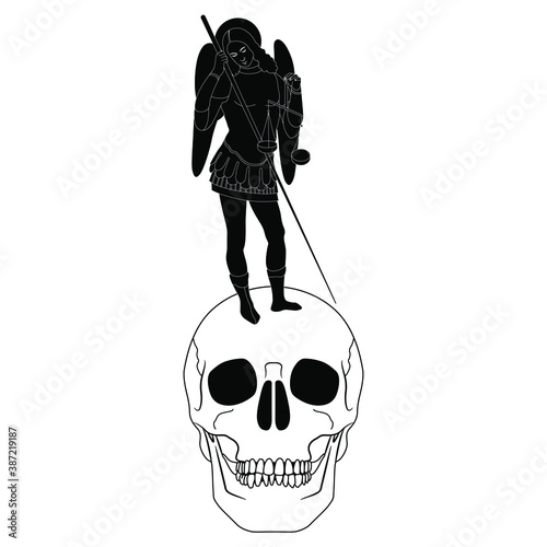 Archangel Michael with spear and wages standing on human skull. Last judgement or doomsday concept. Pangs of conscience. Black and white silhouette.