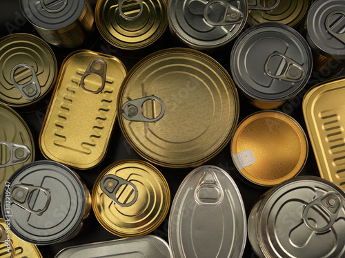 Still life of canned food in different types of cans