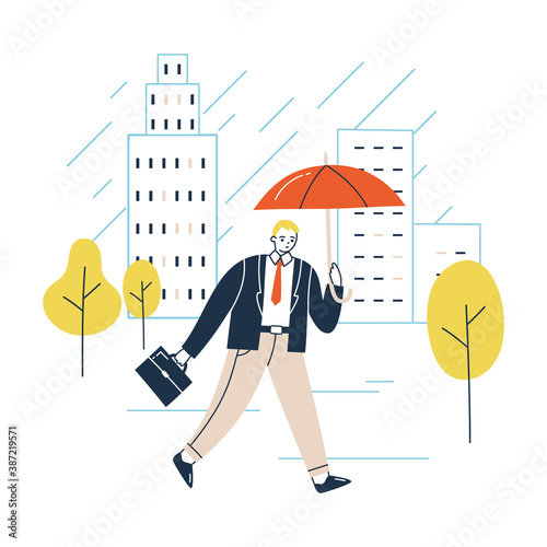 Office worker or a businessman with an umbrella walking in the rain with city buildings in the background. Vector illustration of a rainy autumn landscape in modern cartoon style.