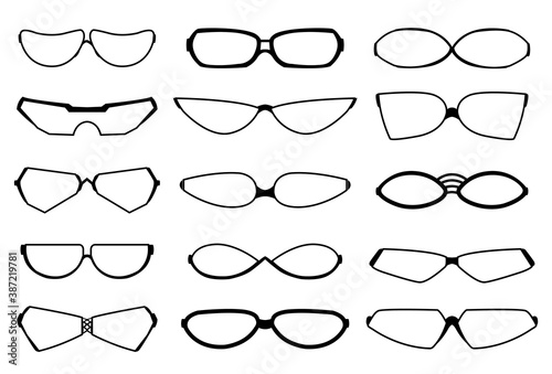 Glasses design art silhouette, eyewear and optical accessory. Medical classic ocular set. Collection modern fashion glasses. Various shapes. Vector glasses model icons