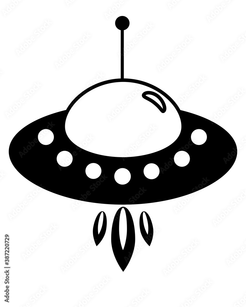 Flying saucer UFO sign or logo stock illustration. Outline. Spaceship alien pictogram or