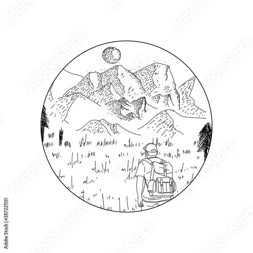 Hand drawn line art man hiking the mountain illustration design