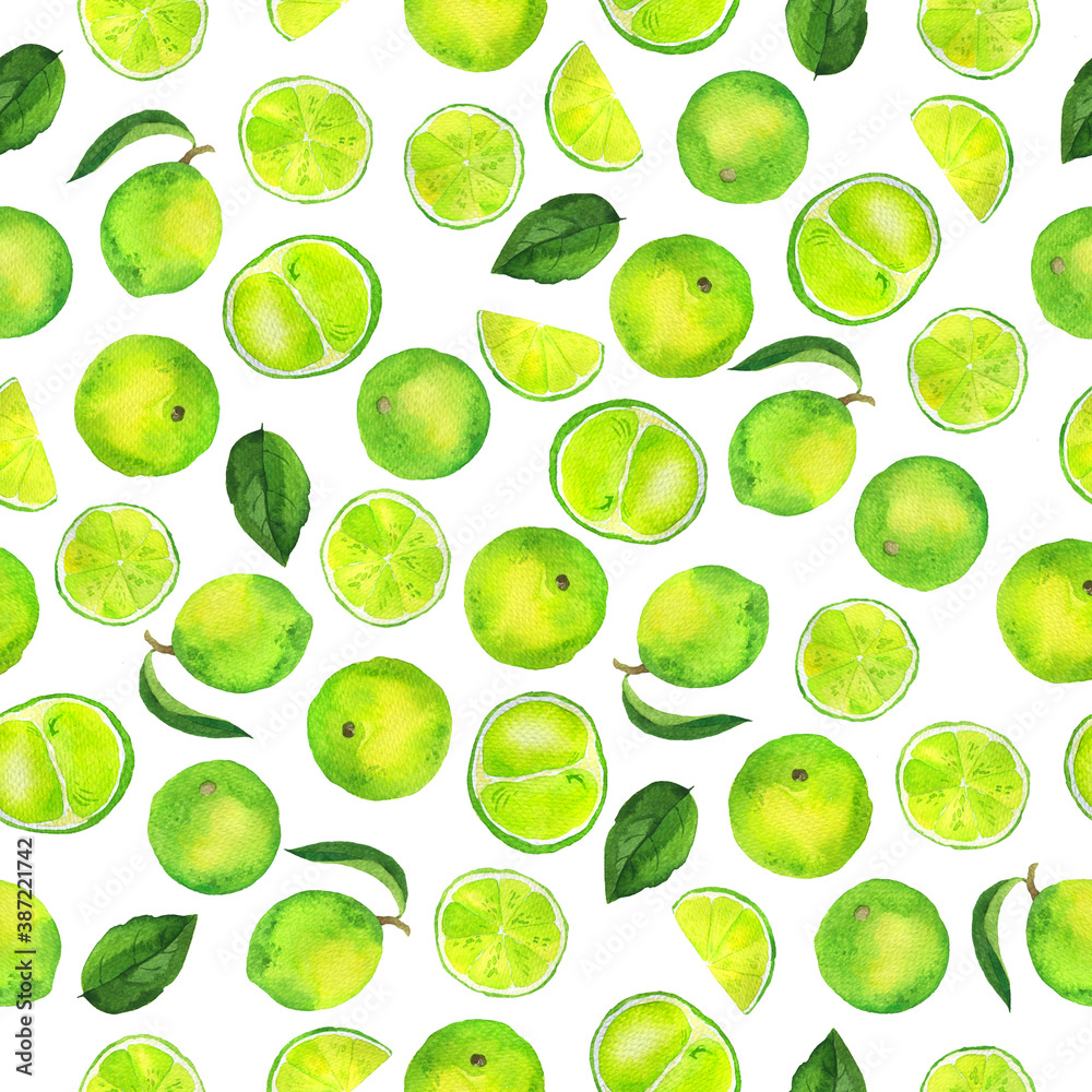 Seamless pattern with fresh green lime fruit and leaves on white background. Hand drawn watercolor illustration.