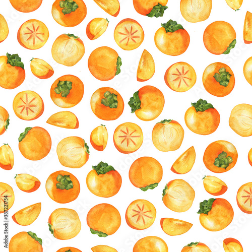 Seamless pattern with fresh persimmon fruit on white background. Hand drawn watercolor illustration.