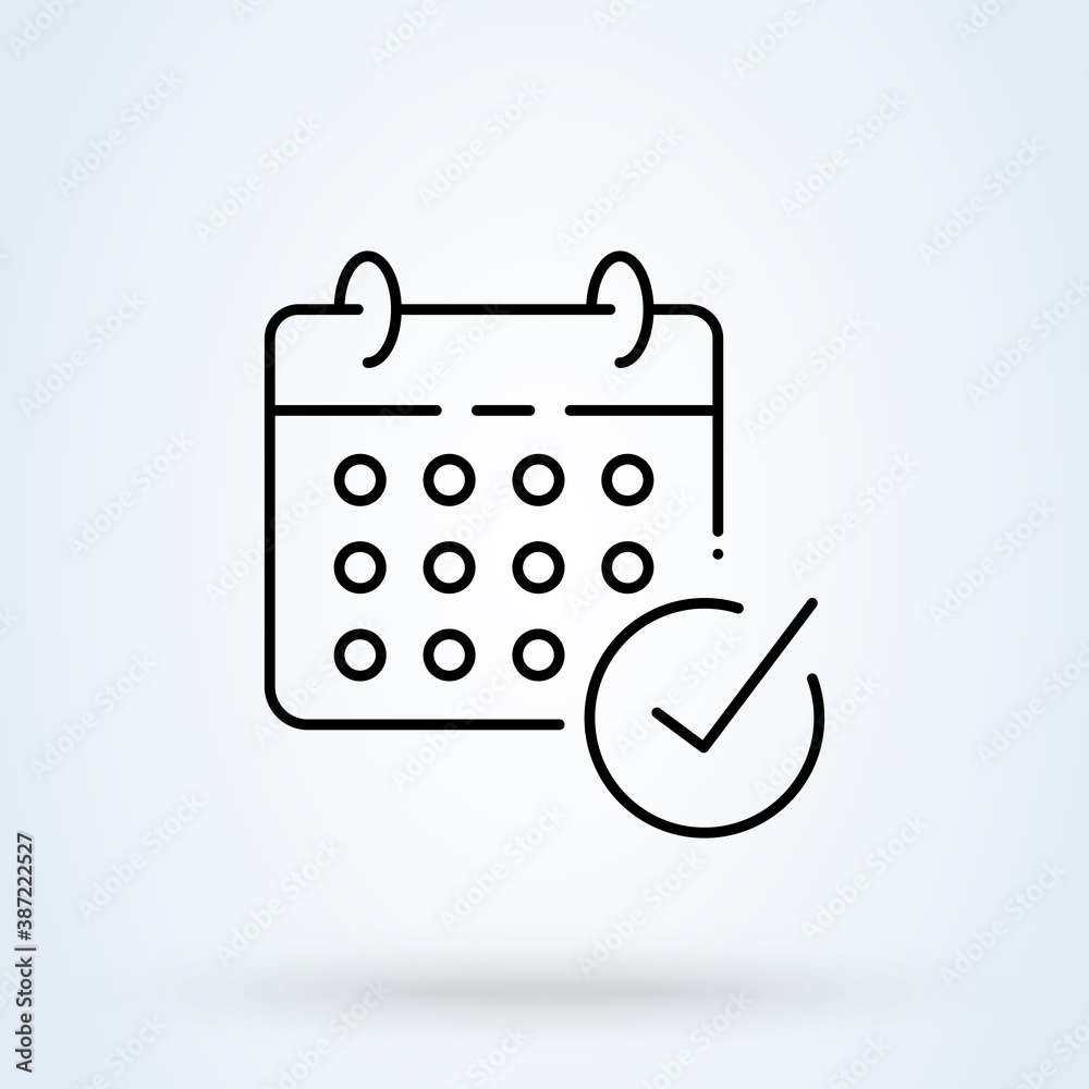 Calendar check mark sign line icon or logo. Date Check concept. Check mark or tick linear illustration. Calendar check mark sign line icon or logo. Date Check concept. Check mark or tick linear illustration.