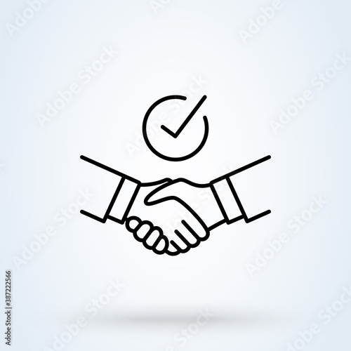 Handshake Shield Check Mark sign line icon or logo. Commitment thin concept. Trust Commitment Business linear illustration.