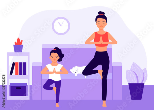 Family womens yoga at home. People do yoga exercise, meditation. Mother with daughter do yoga pose. Vector flat illustration
