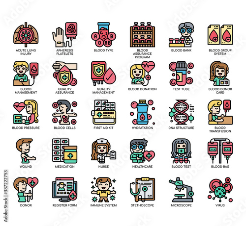 Set of blood donation thin line and pixel perfect icons for any web and app project.