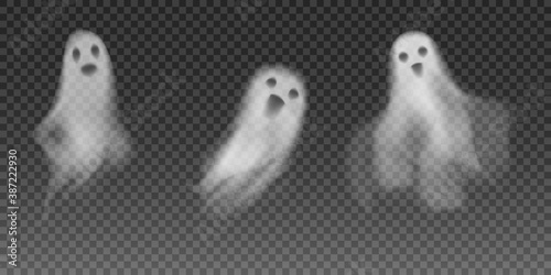 Set of realistic vector ghosts. 3d smokes looking like night ghouls. Halloween illustration of scary poltergeist or phantom