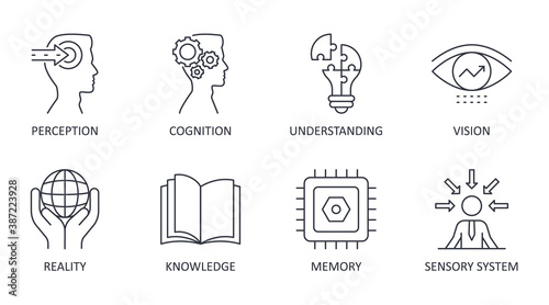 Vector set of perception icons. Editable stroke. Knowledge understanding reality sensory system cognition memory vision