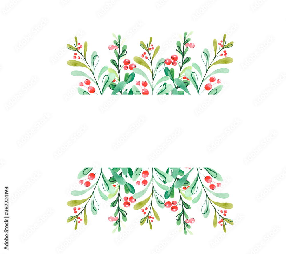 Watercolor frame of green plant shoots with red berries on a white background. Bright pattern for decoration of postcards, invitations, banners and business cards.