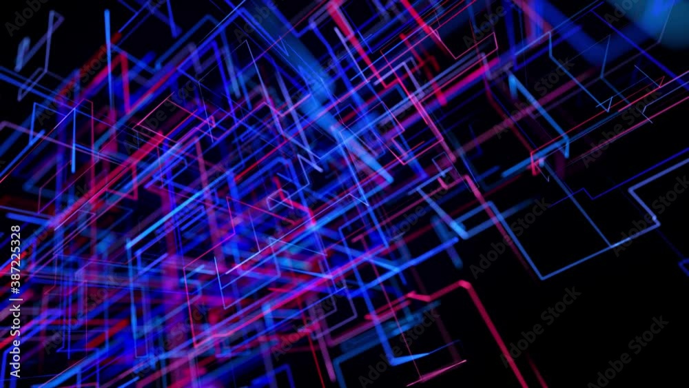 Sci-fi looped background, abstract hologram. Multicolor neon glow lines form digital 3d space. Connection concept, neural network or AI, visualization of multiple calculations of various branches