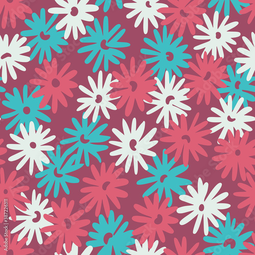 Ditsy daisy floral background. Seamless pattern made of meadow field flowers. Botanical summer ornament. Nature motif. Simple sketch texture, Good for fabric, textile, wrapping and clothes.