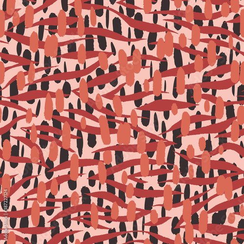 Abstract seamless pattern with simple geometric shapes such as ovals, lines and stripes.