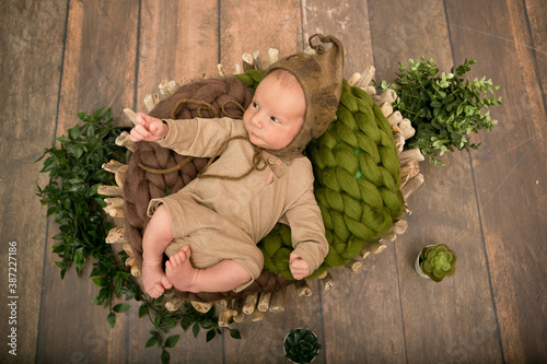 a newborn boy 12 days old in an elf kitten lies in a basket
