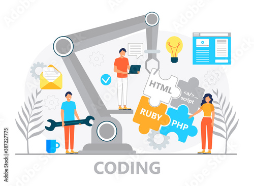 Web developer concept vector for landing page. Programmer constructs website using crane and writes code. Software engineer working in digital or AI technology. Software development