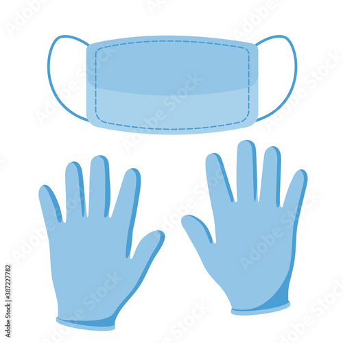 Protective blue gloves and mask. Latex medical gloves as a symbol of protection against viruses and bacteria. Medical or Surgical Face Masks. Healthcare Concept. Respirator. Vector