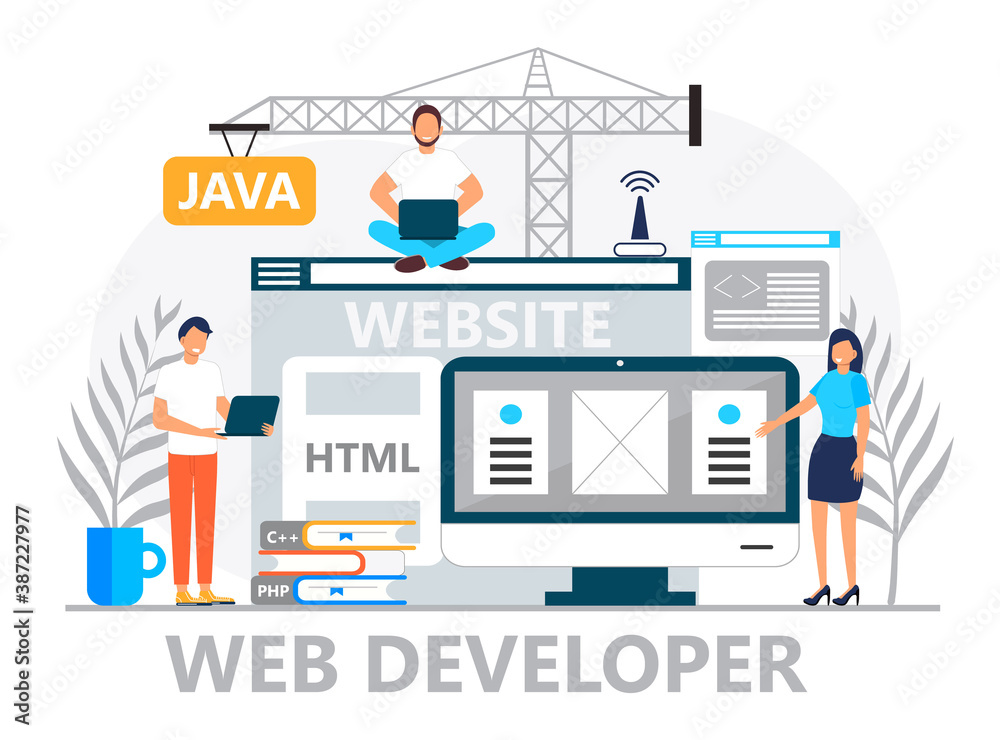 Web developer concept vector for landing page. Programmer constructs website using crane and writes code. Software engineer working in digital or AI technology. Software development