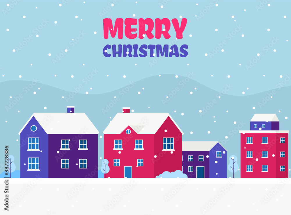 Christmas card with winter cityscape. Modern concept vector illustration with urban winter landscape, Snowy street in small city with buildings and houses, trees