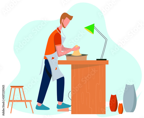 Pottery hobby. Ceramic craft master, ceramics pottery artist or pot craftsman workshop flat vector illustration