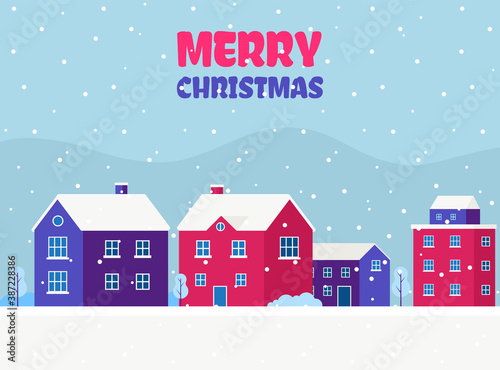 Wallpaper Mural Christmas card with winter cityscape. Modern concept vector illustration with urban winter landscape, Snowy street in small city with buildings and houses, trees Torontodigital.ca