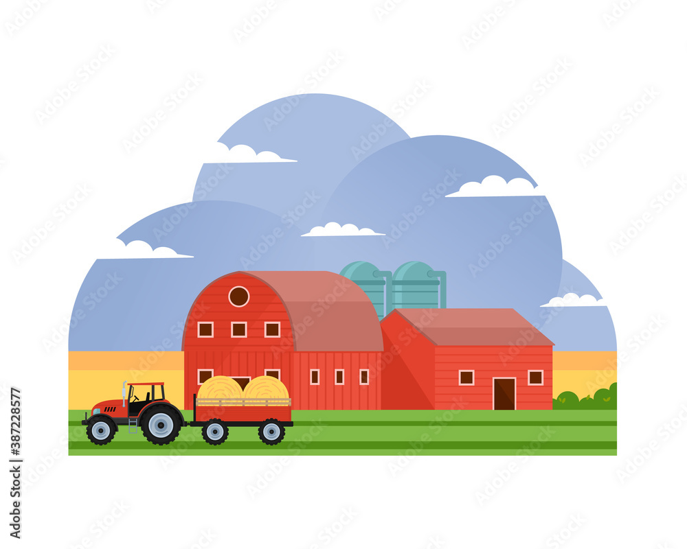 Agriculture And Farming, Barn Building Field Farmland Countryside Landscape Flat Vector Illustration