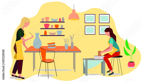 Master potter makes a clay vase. Vector illustration of the work of a pottery artisan. Pottery workshop poster. A happy potter making a ceramic pot on the pottery wheel in the workshop.