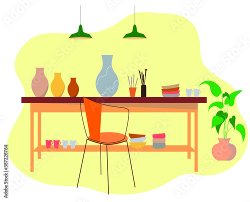 Vector illustration of workshop of a pottery artisan. Pottery workshop. 