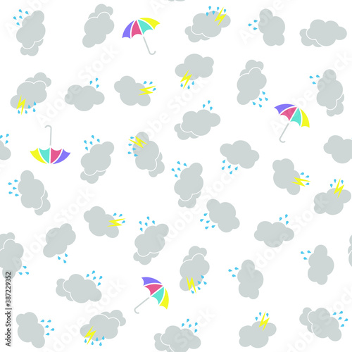 Seamless vector rainy pattern with clouds, thunder bolts and umbrellas. Wet weather background for fabric, textile, design, cover, banner. 