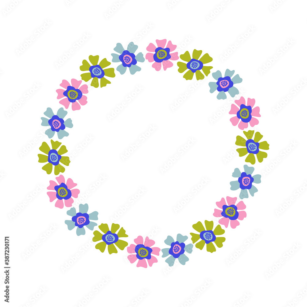 Simple vector flowers placed in a circle. Bright floral frame for greeting card Simple vector flowers placed in a circle. Bright floral frame for greeting card