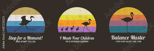 Set of multicolor retro illustrations with silhouettes of flamingos. Animal mother and children. Texture backgrounds with endangered bird in wild. Vector vintage designs for prints, t-shirts