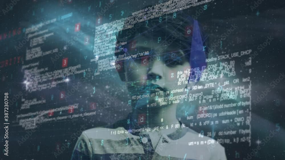 Cyber security concept texts over boy against space in background Cyber security concept texts over boy against space in background