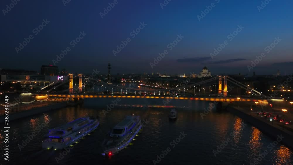 night illuminated moscow river ship traffic krymsky bridge aerial flight over panorama 4k russia night illuminated moscow river ship traffic krymsky bridge aerial flight over panorama 4k russia