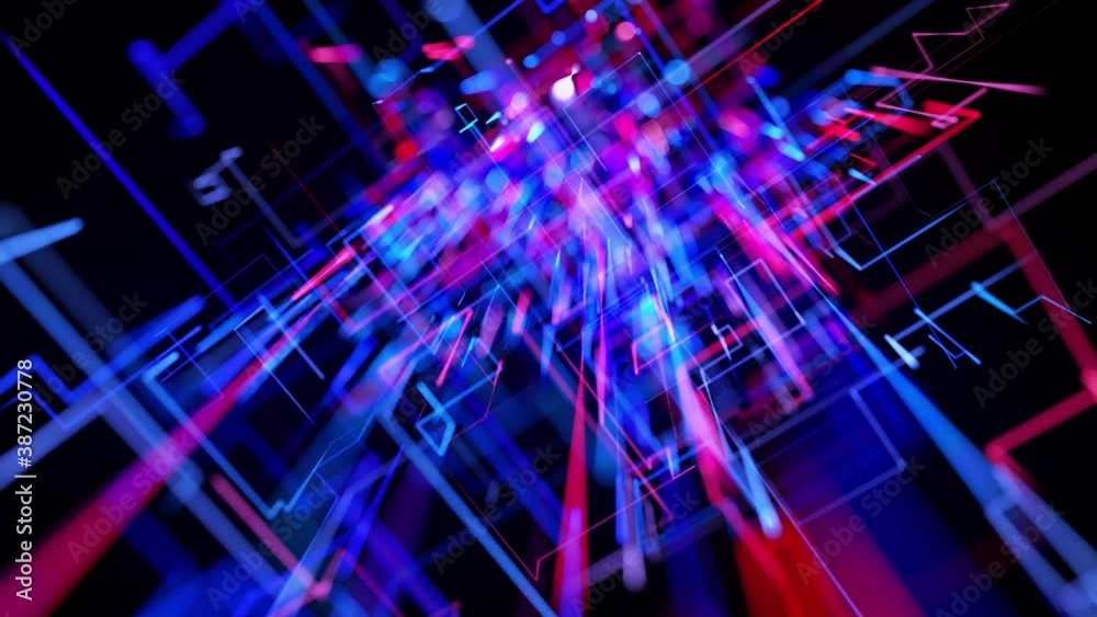 Motion graphics, sci-fi bg with flow of blue red neon glow lines form ...