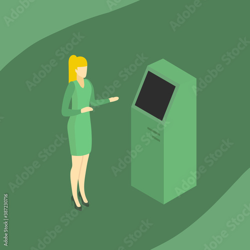 Bank employee stands at the terminal, isometric woman in bank.